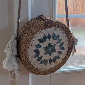 Handwoven Made in Vietnam Rattan Round Crossbody Bag